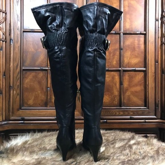 Guess Genuine Leather Leopard Faux Fur Knee High/Over the Knee Logo Ring Boot - Picture 7 of 16